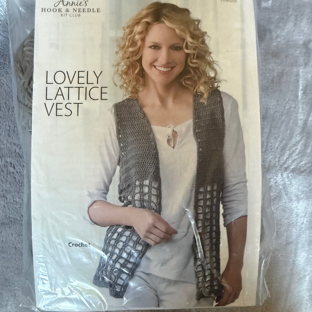 Annies Hook & Needle Kit Club Lovely Lattice Vest Crochet Kit Grey HNK056 Vest